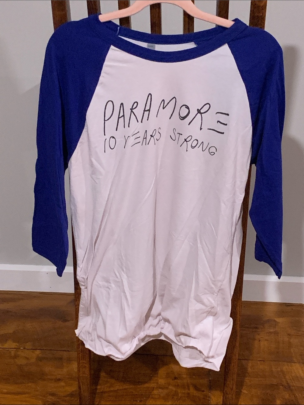 Paramore 10 year Anniversary Raglan Long Sleeve Tee in White and Blue Merch